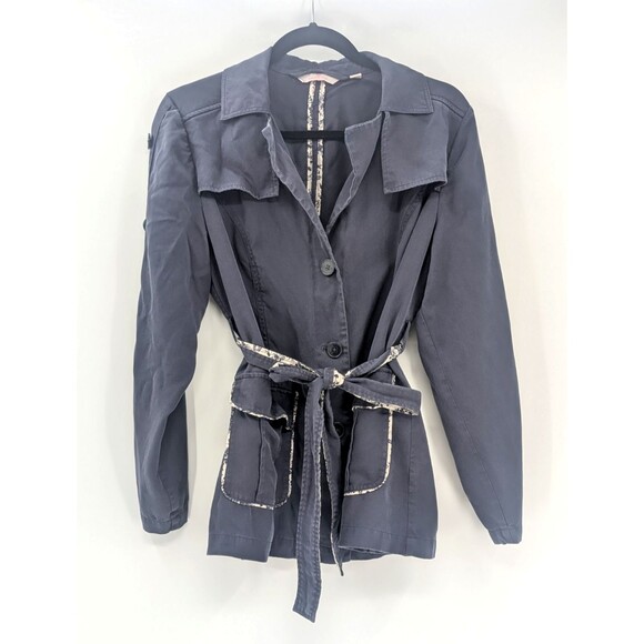 Laurie Felt Navy Blue Floral Trim Belted Button Up Collared Jacket Size S/M - Picture 2 of 10